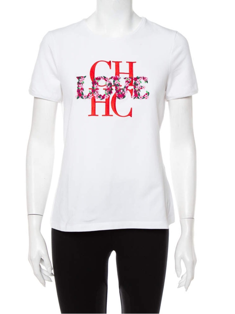 Carolina Herrera White Short-Sleeve Tee with Red Floral CH Logo